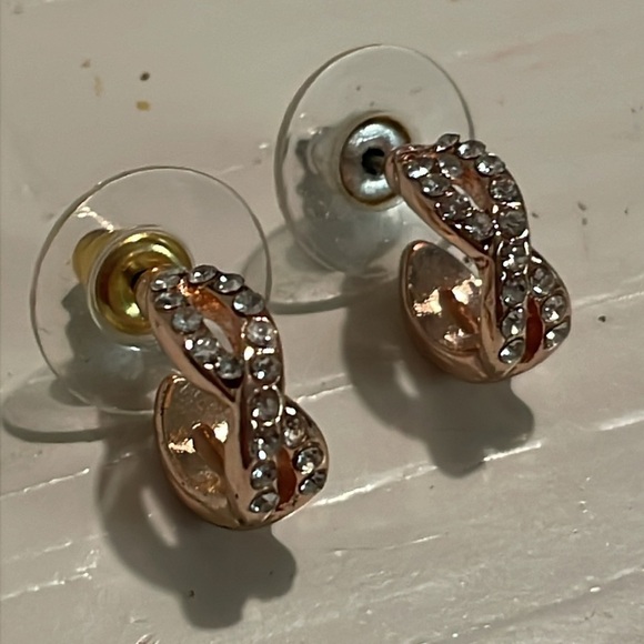 1” rose gold tone infinity stud earrings with 18 prong set crystals - Picture 4 of 16